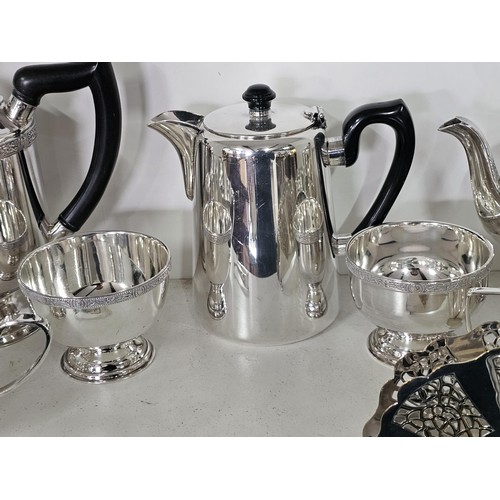 52 - 2 shelves of assorted plated ware, to include a boxed Mappin & Webb silver plated tray with an i... 