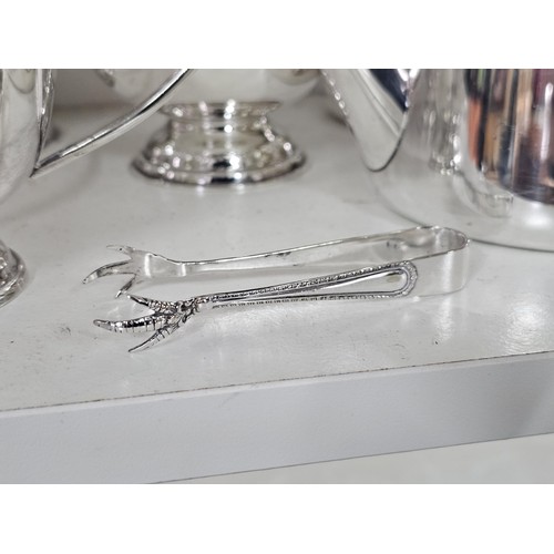 52 - 2 shelves of assorted plated ware, to include a boxed Mappin & Webb silver plated tray with an i... 