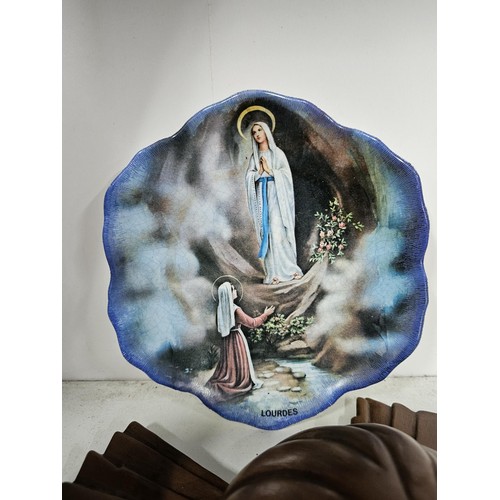 53 - 2 shelves containing a collection of religious related items, to include 11 Russian style iconograph... 