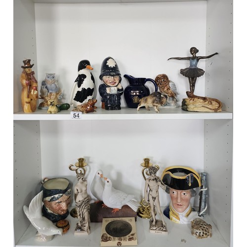 54 - 2 shelves of collectables, to include 2 large Toby jug,1 by the Maritime trust of admiral lord Hood ... 