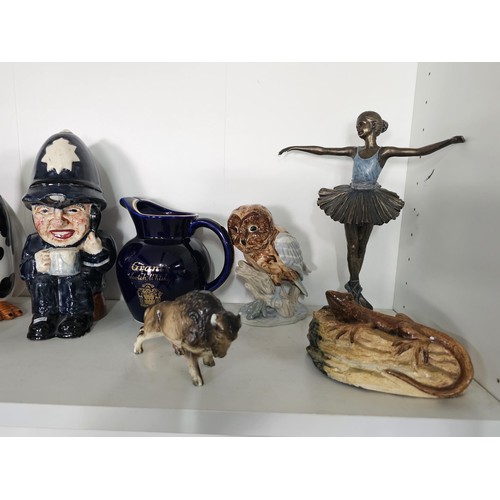 54 - 2 shelves of collectables, to include 2 large Toby jug,1 by the Maritime trust of admiral lord Hood ... 