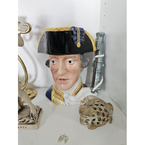 54 - 2 shelves of collectables, to include 2 large Toby jug,1 by the Maritime trust of admiral lord Hood ... 