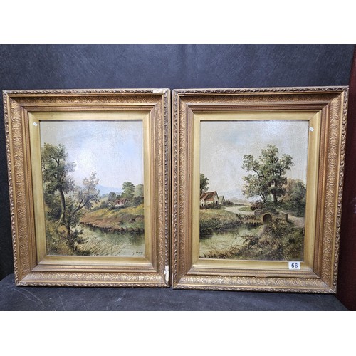 56 - A pair of antique gilt framed oil on board paintings of traditional rural England. Both are signed t... 