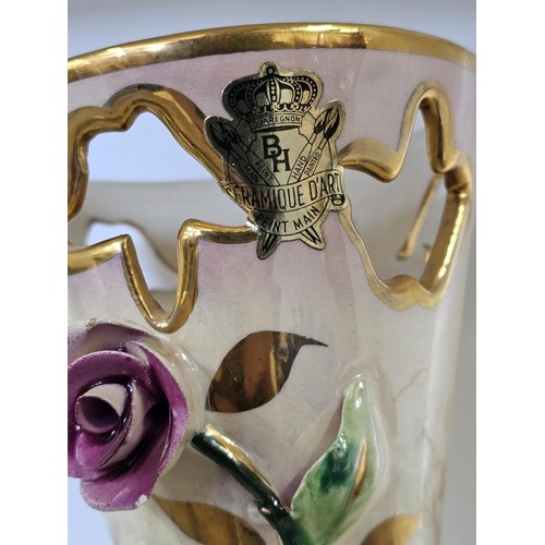 55 - A shelf full of collectables to include, a James Kent floral butter dish, a hand painted Belgium vas... 