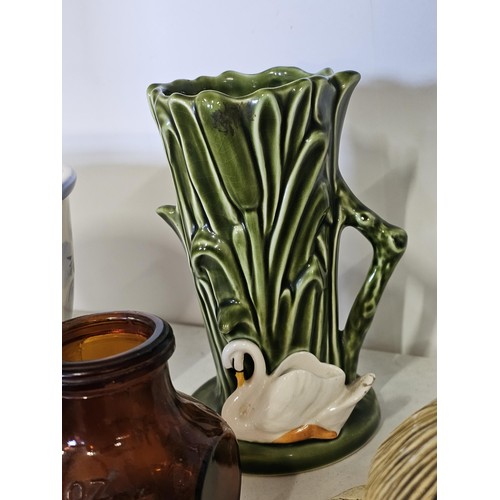 55 - A shelf full of collectables to include, a James Kent floral butter dish, a hand painted Belgium vas... 