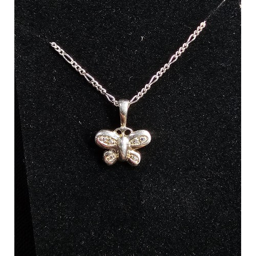 226 - A pretty 925 silver pendant and necklace featuring a silver butterfly pendant set with small CZ ston... 