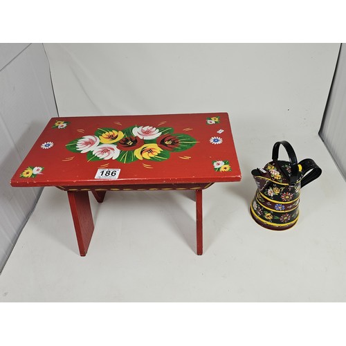 186 - 2 good quality bargeware items, to include a wooden handmade and hand painted stool with floral deco... 