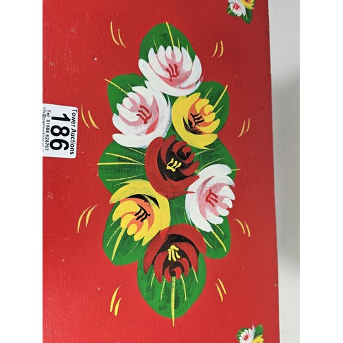 186 - 2 good quality bargeware items, to include a wooden handmade and hand painted stool with floral deco... 