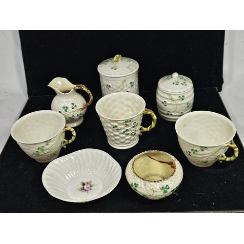 190 - A collection of 7 pieces of Belleek items, to include 3 cups with the iconic clover leaf design and ... 
