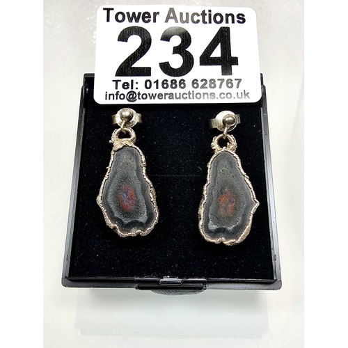 234 - An unusual attractive pair of 925 silver drop earrings featuring real geode crystal agate slice drop... 