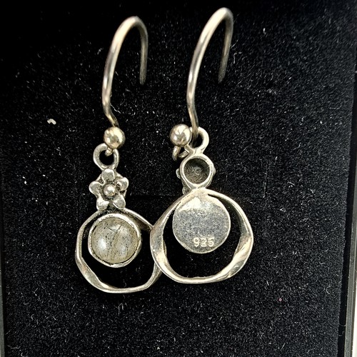 235 - A pair of pretty vintage 925 silver drop earrings, having a flower design set with rainbow moonstone... 