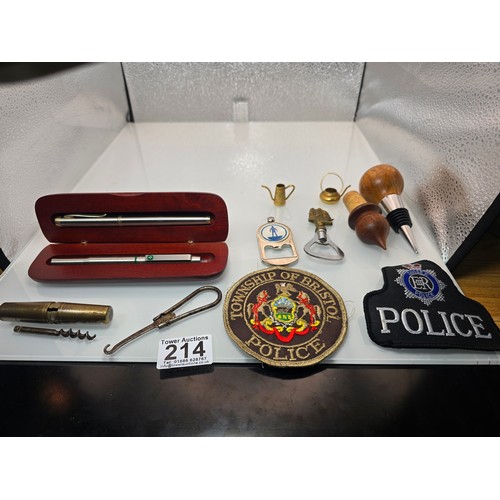 214 - A quantity of collectables to include, 2 original embroidered Police patches for Sussex  police and ... 