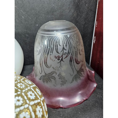 A collection of seven assorted glass lampshades, including two frosted ...
