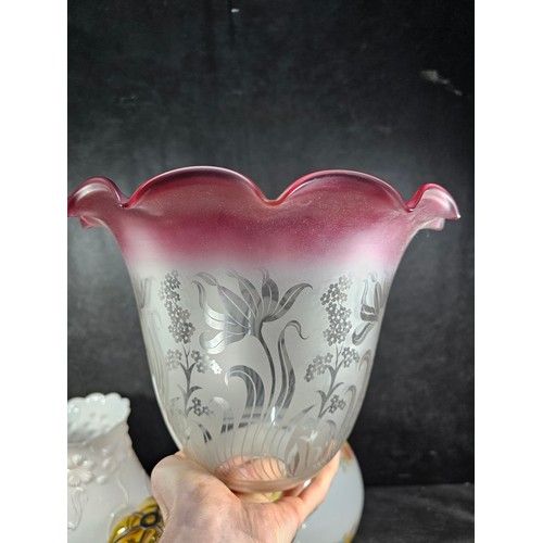 A collection of seven assorted glass lampshades, including two frosted ...