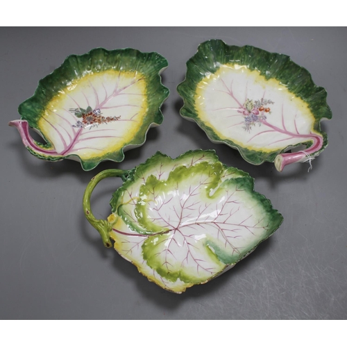 105 - Three Chelsea red anchor 'leaf' dishes, c.1755, 24 and 23.5cm long Condition: The two larger leaf di... 