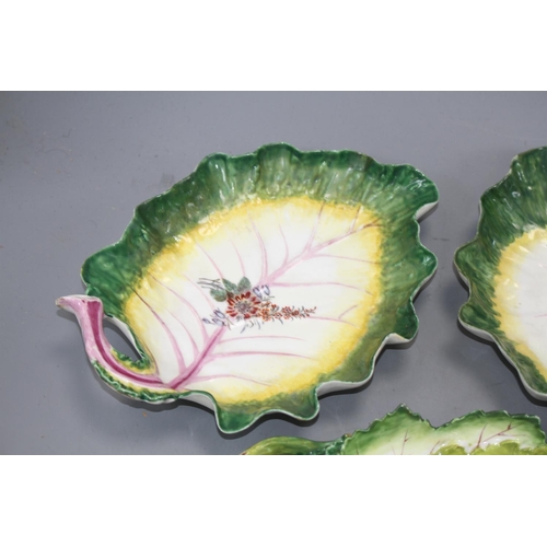 105 - Three Chelsea red anchor 'leaf' dishes, c.1755, 24 and 23.5cm long Condition: The two larger leaf di... 