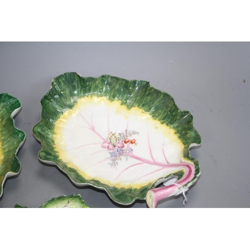 105 - Three Chelsea red anchor 'leaf' dishes, c.1755, 24 and 23.5cm long Condition: The two larger leaf di... 