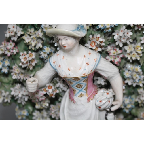 111 - Two large Derby bocage figures, c.1775, 26.5 and 28.5cm Condition: Both with typical small losses to... 