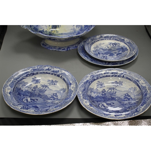 112 - Three Spode Indian Sporting Series blue and white plates, a stand and a footed dish, c. 1815- 25, co... 