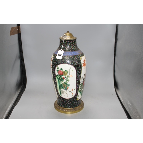 122 - A Chinese enamelled porcelain vase, mounted as a table lamp, height overall 46cm, height of vase wit... 