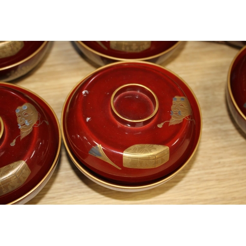 124 - A set of ten Japanese lacquer rice bowls and covers, with fitted box, Meiji / Taisho period, each fi... 