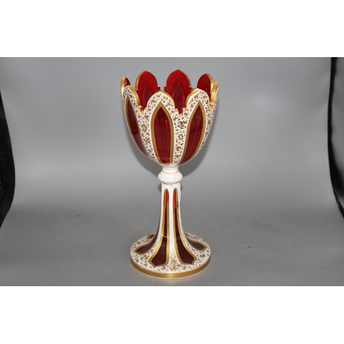 137 - A 19th century Bohemian overlaid ruby glass goblet vase, height 32cm Condition: Broken completely th... 