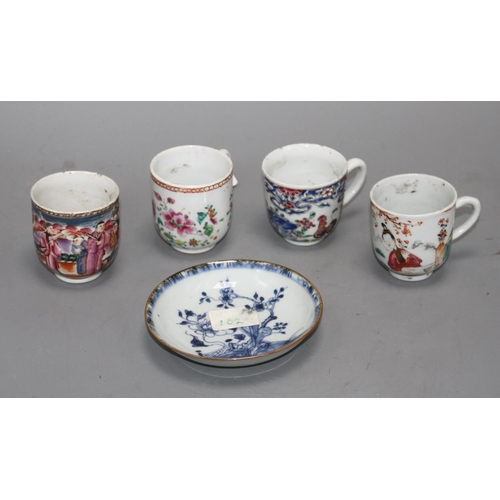 14 - Four 18th century Chinese famille rose polychrome coffee cups, Qianlong period, and a blue and white... 