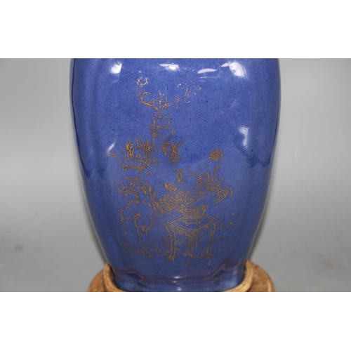 142 - A Chinese blue glazed porcelain lamp base vase, height of the vase 38cm, overall height 62cm Conditi... 