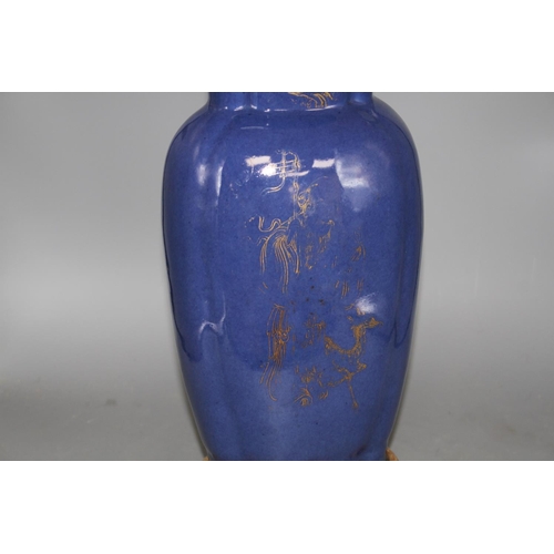 142 - A Chinese blue glazed porcelain lamp base vase, height of the vase 38cm, overall height 62cm Conditi... 