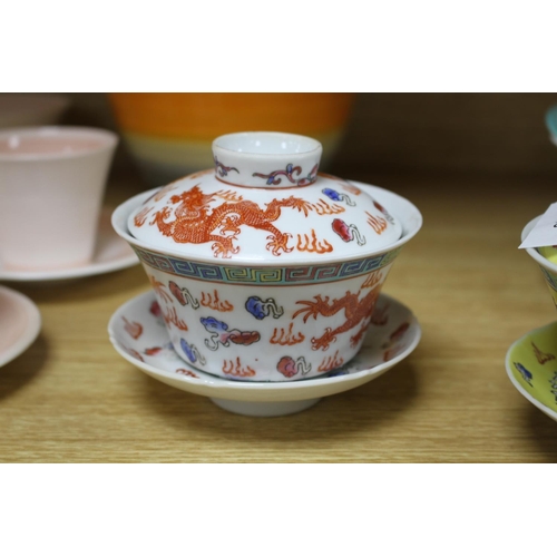 153 - Five Chinese porcelain rice bowls, covers and stands, together with two spoons, second half 20th cen... 