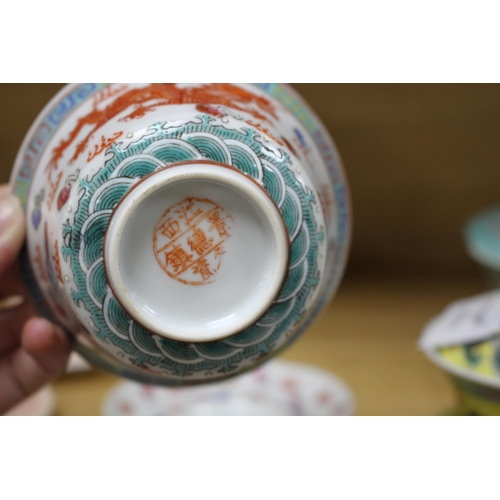 153 - Five Chinese porcelain rice bowls, covers and stands, together with two spoons, second half 20th cen... 