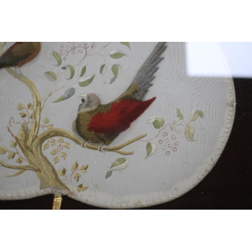 167 - A Victorian silk and felt work hand screen, decorated with exotic birds, framed, 40 x 38cm Condition... 