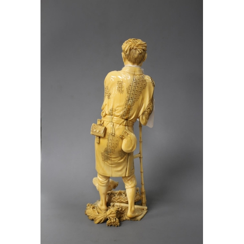 172 - A Japanese ivory Tokyo School ivory okimono, carved as a farmer above a chicken, Meiji period, signe... 