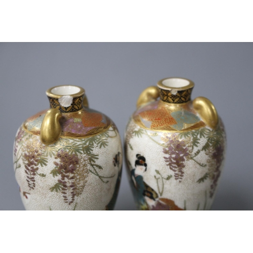 173 - A pair of small Satsuma vases, decorated with geisha in gardens, height 8.75cm Condition: Both with ... 