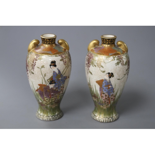 173 - A pair of small Satsuma vases, decorated with geisha in gardens, height 8.75cm Condition: Both with ... 