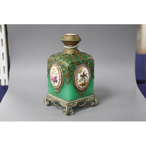 178 - A 19th century French gilt metal mounted glass scent bottle, inset with painted and enamelled plaque... 