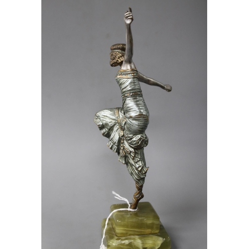 183 - An Art Deco silvered bronze figure of a dancing girl, Paul Phillipe, on signed onyx plinth, height 2... 