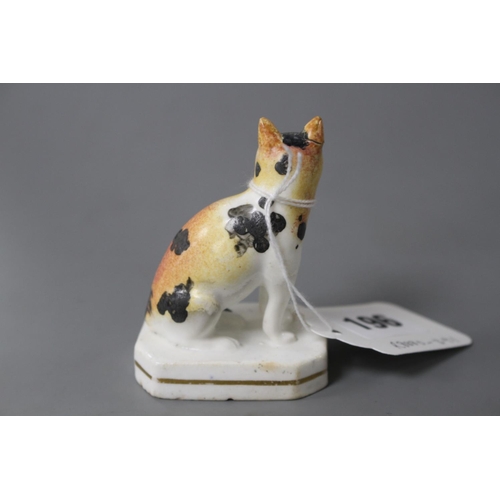 196 - A rare Staffordshire porcelain figure of a seated cat, c.1835-50, both ears restored (one reglued) a... 