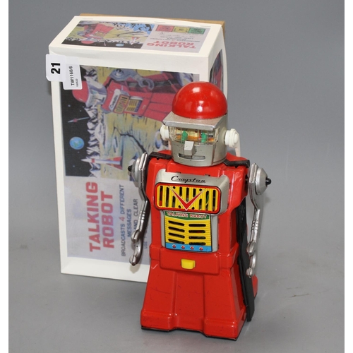 21 - A Yonezawa (Japan) battery-operated Talking Robot (replacement box), robot 26cm Condition: some oxid... 