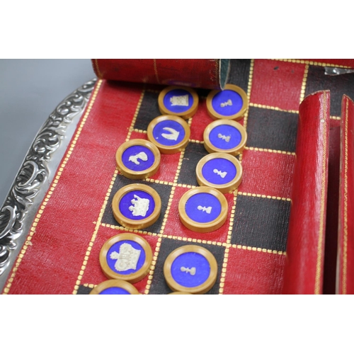 211 - A 19th century Jaques Patent portable 'B.C.D.' backgammon, chess and draughts board set, the gilt to... 