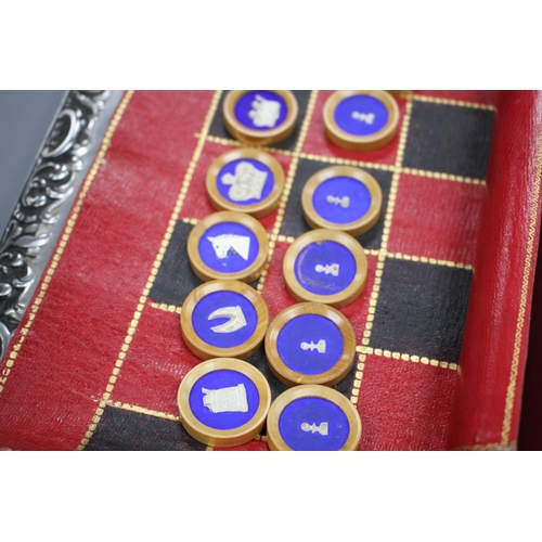 211 - A 19th century Jaques Patent portable 'B.C.D.' backgammon, chess and draughts board set, the gilt to... 