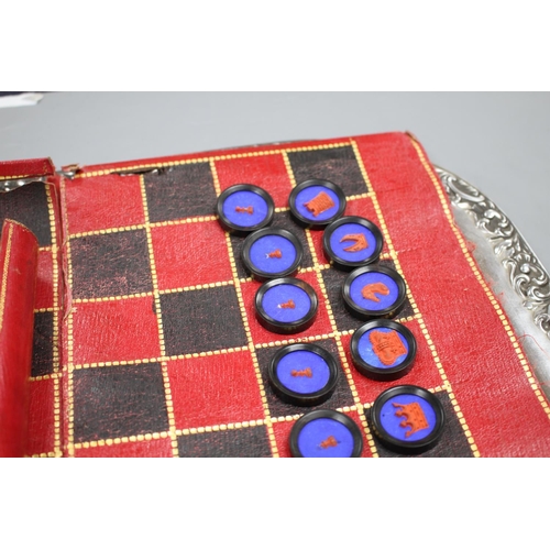 211 - A 19th century Jaques Patent portable 'B.C.D.' backgammon, chess and draughts board set, the gilt to... 