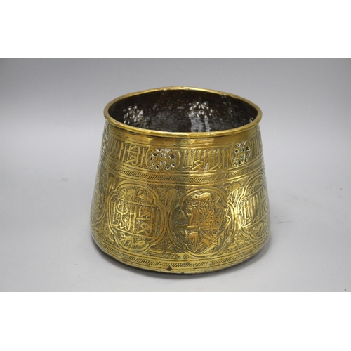 27 - A Cairoware brass jardiniere, decorated with panels of figures and calligraphy, height 18cm, diamete... 