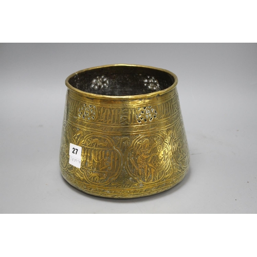 27 - A Cairoware brass jardiniere, decorated with panels of figures and calligraphy, height 18cm, diamete... 