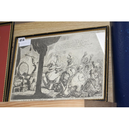 414 - Bohn after Gillray, engraving, 'A kick at the board bottoms', 26 x 36cm and an engraving by George C... 