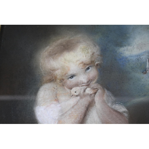 418 - Early 19th century English School, pastel, Child holding a chick, 27 x 24cm and an oil on panel of a... 