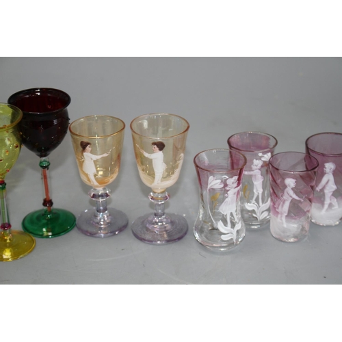 44 - A Mary Gregory style vase, 17cm and ten assorted glass tots Condition: Slightly larger pair of pink ... 