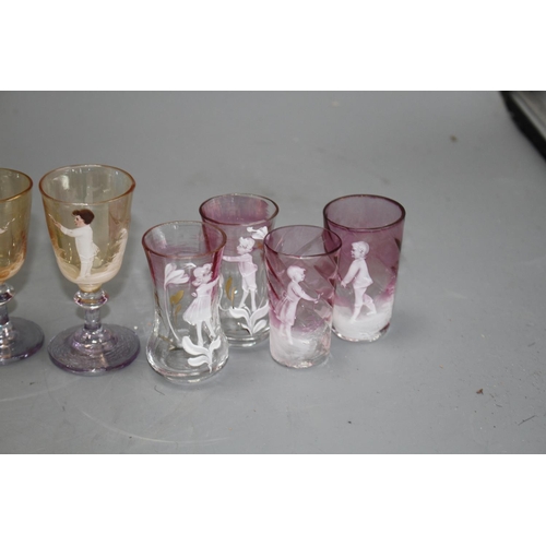 44 - A Mary Gregory style vase, 17cm and ten assorted glass tots Condition: Slightly larger pair of pink ... 