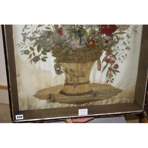 449 - An early Victorian silk and woolwork panel depicting flowers in a basket, 60 x 51cm Condition: Very ... 