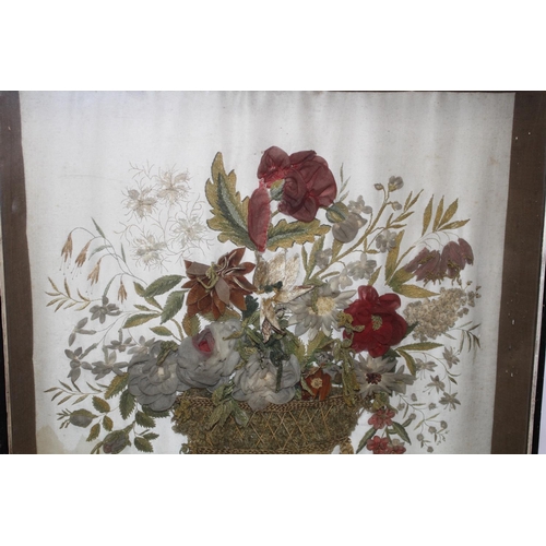 449 - An early Victorian silk and woolwork panel depicting flowers in a basket, 60 x 51cm Condition: Very ... 